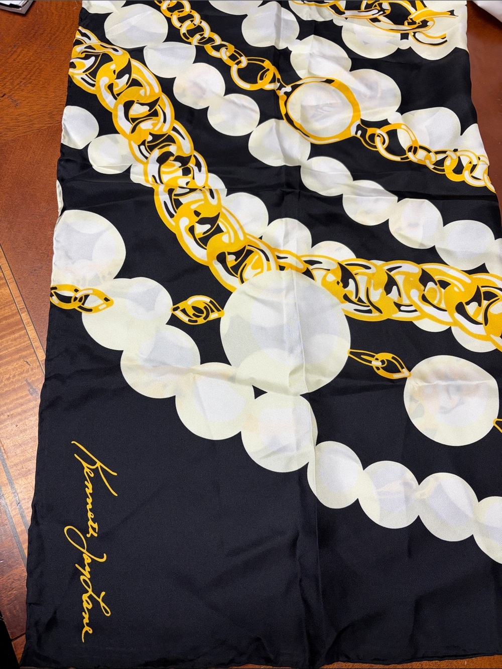 Kenneth Jay Lane Black, Gold & White Chain Motif Silk Scarf